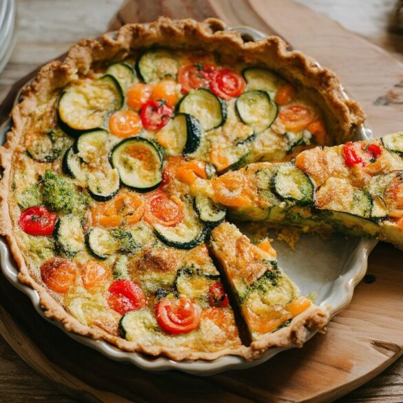 Frisch gebackene vegetarische Gemüsequiche mit buntem Gemüse und knusprigem Boden in einer Tarteform, ein Stück angeschnitten