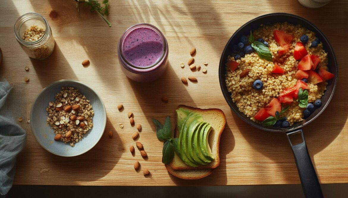 Vegetarisches Frühstück von oben: Avocado-Toast, Quinoa-Bowl mit Beeren, Overnight Oats, Blaubeer-Smoothie und Rührtofu in der Pfanne auf einem hellen Holztisch
