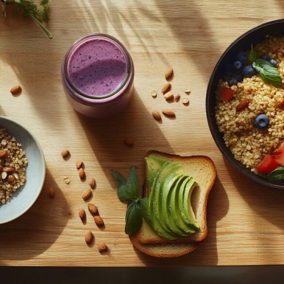 Vegetarisches Frühstück: 9 schnelle Ideen, die satt machen Vegetarisches Frühstück von oben: Avocado-Toast, Quinoa-Bowl mit Beeren, Overnight Oats, Blaubeer-Smoothie und Rührtofu in der Pfanne auf einem hellen Holztisch
