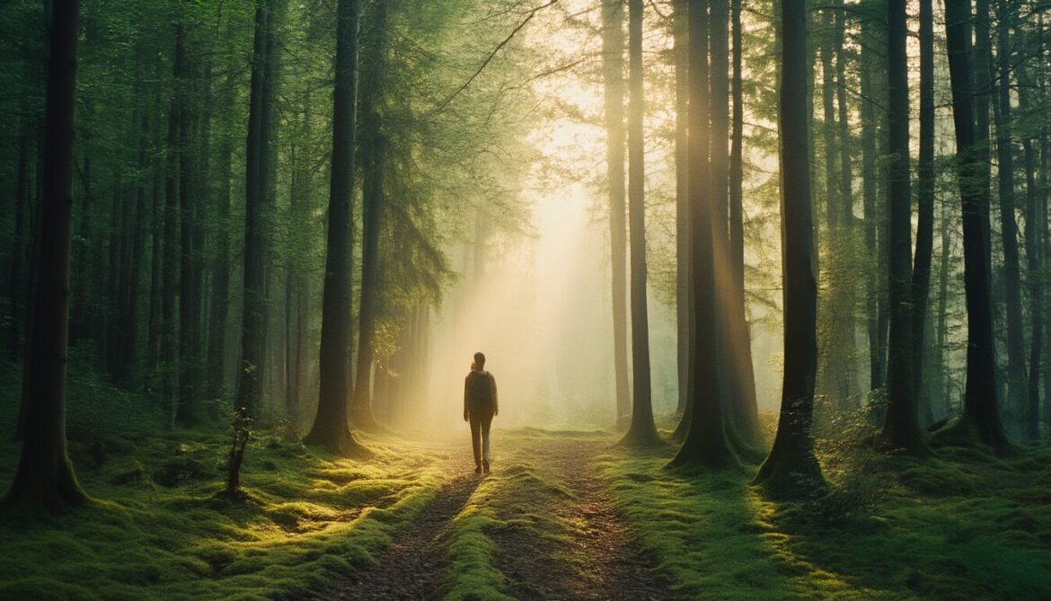 Person geht langsam auf einem moosigen Waldweg, während Morgenlicht durch die Bäume fällt