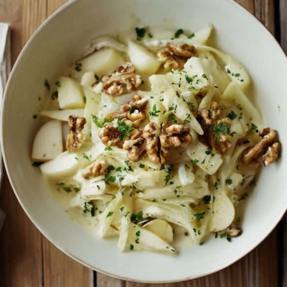 Klassischer Waldorfsalat mit Sellerie, Apfel und gerösteten Walnüssen in einer weißen Schüssel