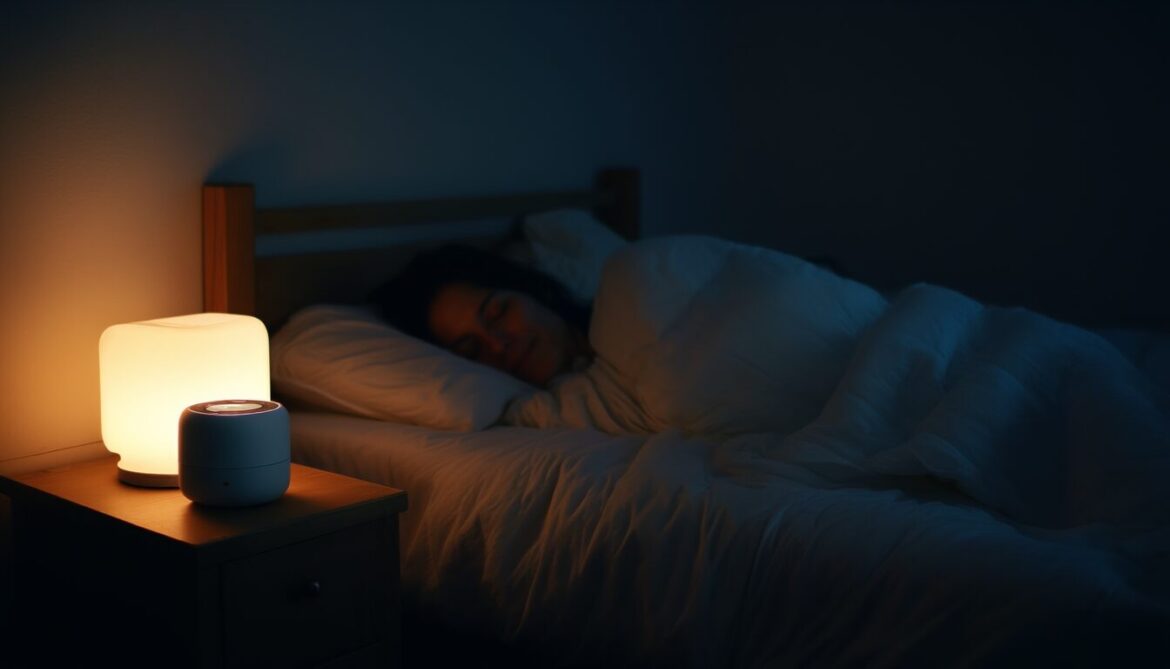 Person schläft nachts im dunklen Schlafzimmer, ein kleines Gerät für weißes Rauschen leuchtet auf dem Nachttisch