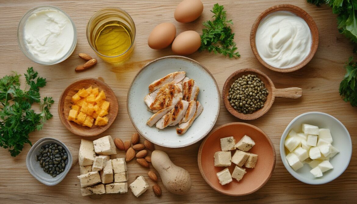 Proteinreiche Lebensmittel wie Quark, Hähnchenbrust, Eier, Linsen, Tofu und Mandeln auf einem Holztisch