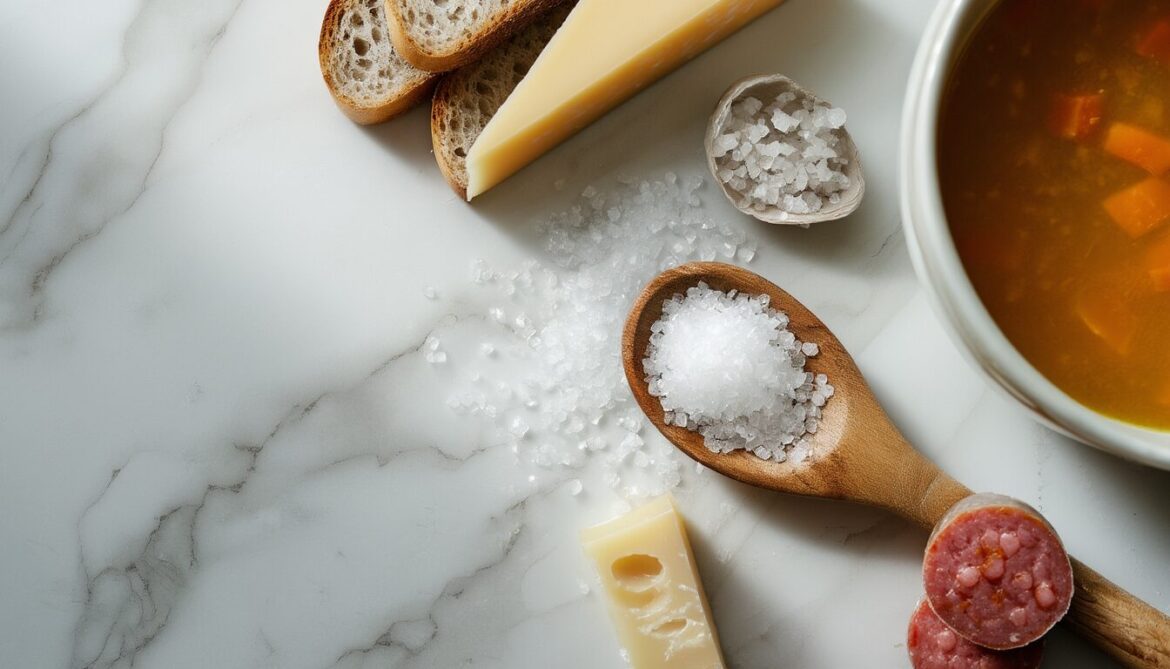 Teelöffel mit Salz neben Brot, Wurst und Käse als typische versteckte Salzquellen
