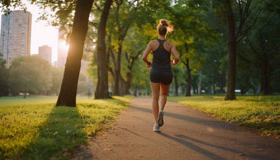 Frau in Sportkleidung geht zügig einen von Bäumen gesäumten Parkweg entlang, Fitness-Tracker am Handgelenk, Morgenlicht