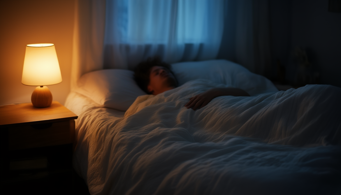 Person liegt entspannt im abgedunkelten Schlafzimmer im Bett und übt mit einer Hand auf dem Bauch die 4-7-8-Atemtechnik zum Einschlafen