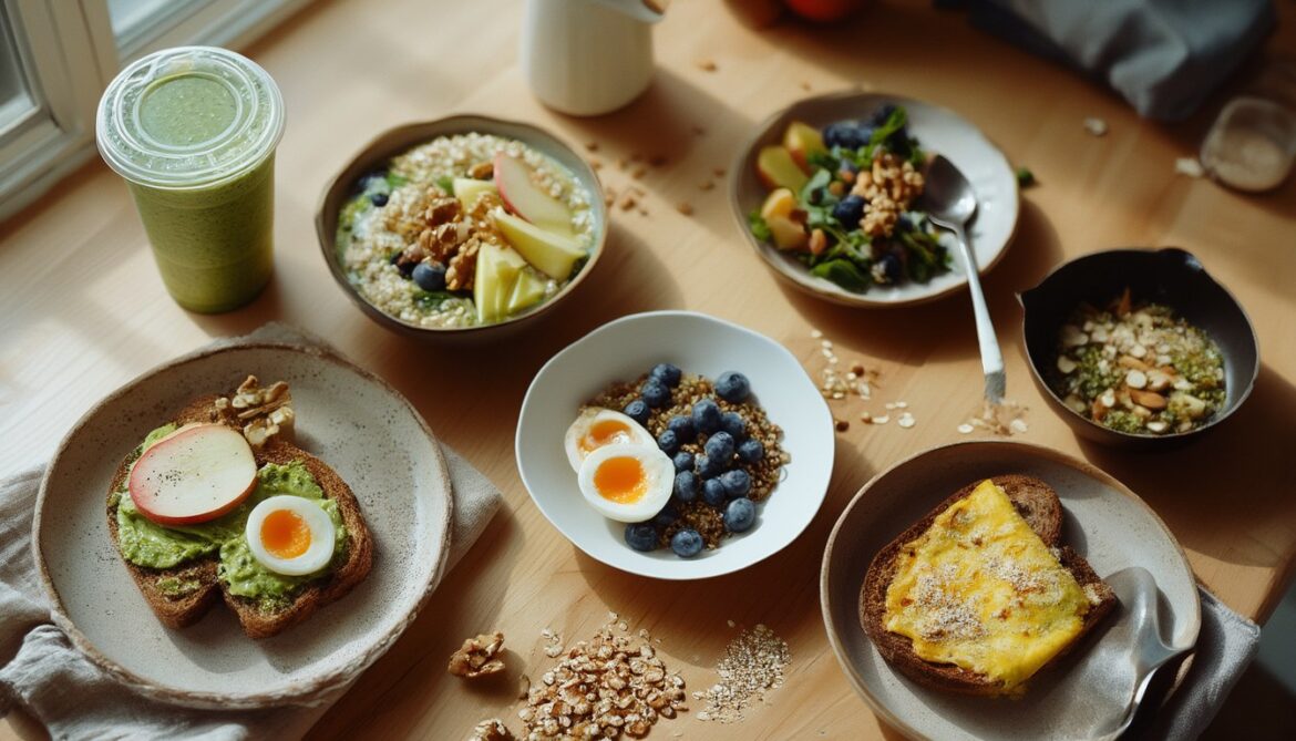 Fünf gesunde Frühstücksideen von oben: Smoothie-Becher, Haferflocken-Quark-Schüssel, Avocado-Toast mit Ei, Quinoa-Bowl und Gemüse-Omelett auf hellem Holztisch