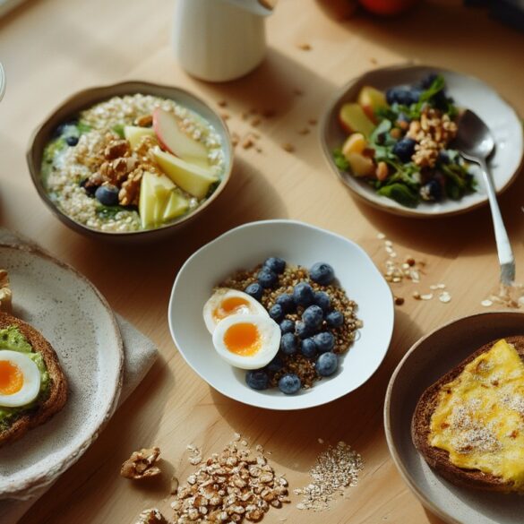 5 schnelle und gesunde Frühstücksideen – in 10 Minuten fertig Fünf gesunde Frühstücksideen von oben: Smoothie-Becher, Haferflocken-Quark-Schüssel, Avocado-Toast mit Ei, Quinoa-Bowl und Gemüse-Omelett auf hellem Holztisch