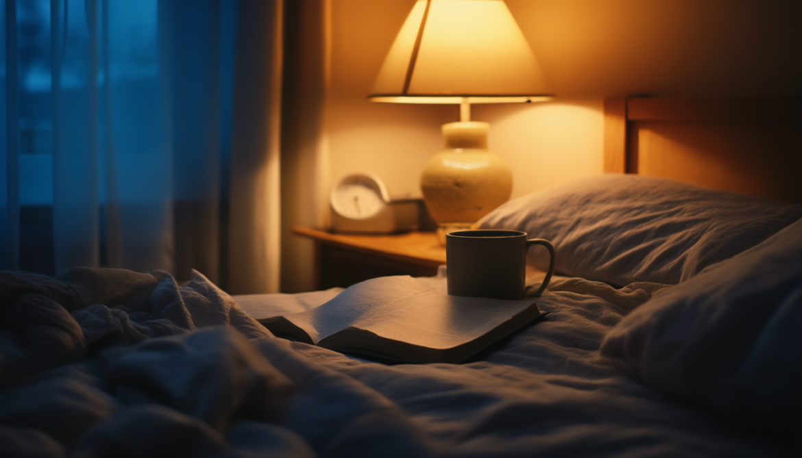 Nachttisch mit gedimmter warmer Lampe, aufgeschlagenem Buch und Kräutertee als Teil einer Abendroutine für besseren Schlaf