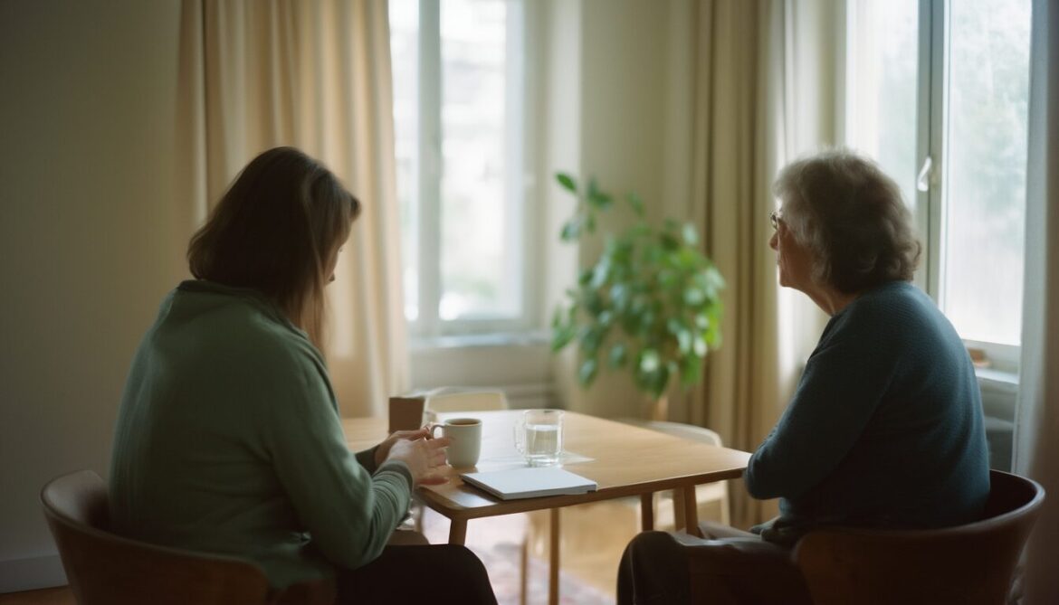 Beratungsgespräch am hellen Holztisch: zwei Personen im ruhigen Gespräch, Tasse Tee und Notizblock – Symbolbild für Suchtberatung