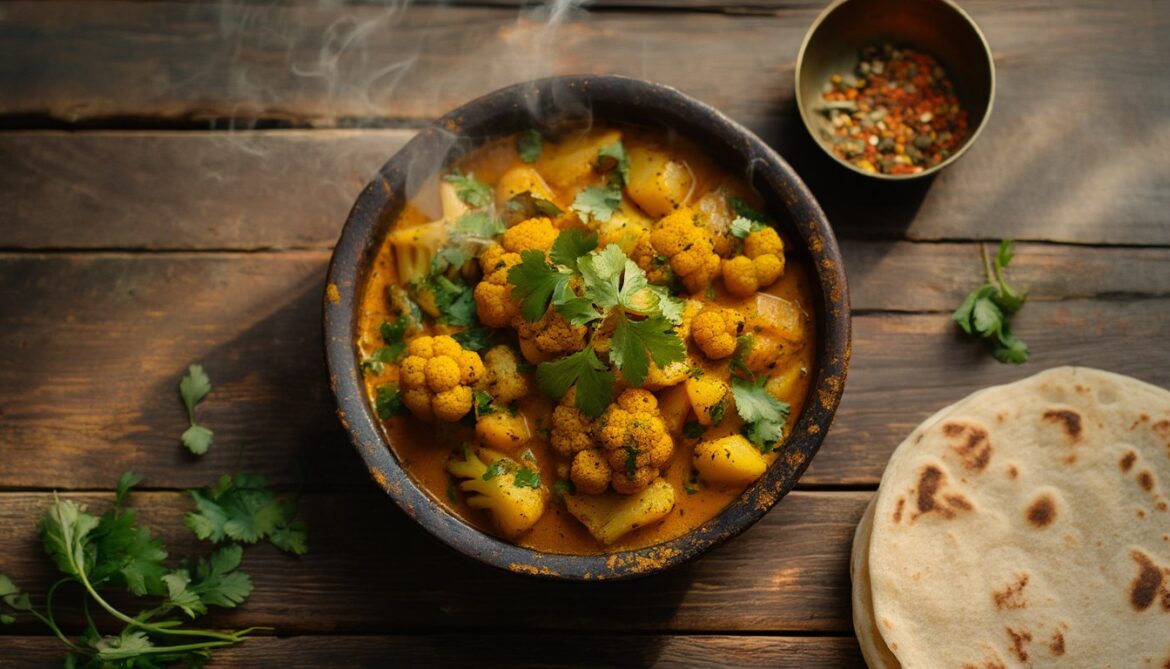 Veganes Aloo Gobi – goldgelbes indisches Blumenkohl-Kartoffel-Curry mit frischem Koriander in einer dunklen Schale, daneben Roti