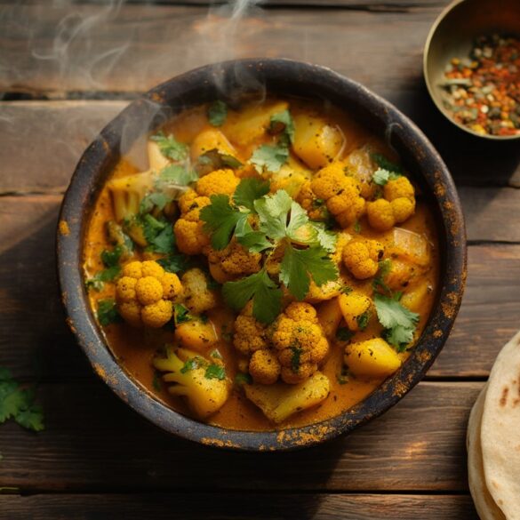 Veganes Aloo Gobi – goldgelbes indisches Blumenkohl-Kartoffel-Curry mit frischem Koriander in einer dunklen Schale, daneben Roti