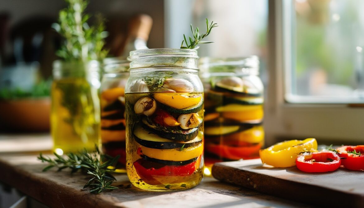 Selbst gemachte Antipasti aus mariniertem Grillgemüse mit Paprika, Zucchini und Aubergine, in Öl eingelegt im Glas mit Knoblauch und Kräutern.