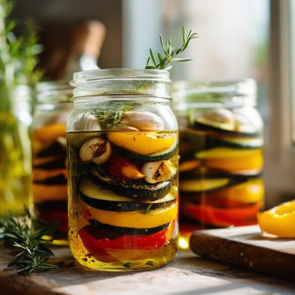 Antipasti-Gemüse selber machen und in Öl einlegen Selbst gemachte Antipasti aus mariniertem Grillgemüse mit Paprika, Zucchini und Aubergine, in Öl eingelegt im Glas mit Knoblauch und Kräutern.