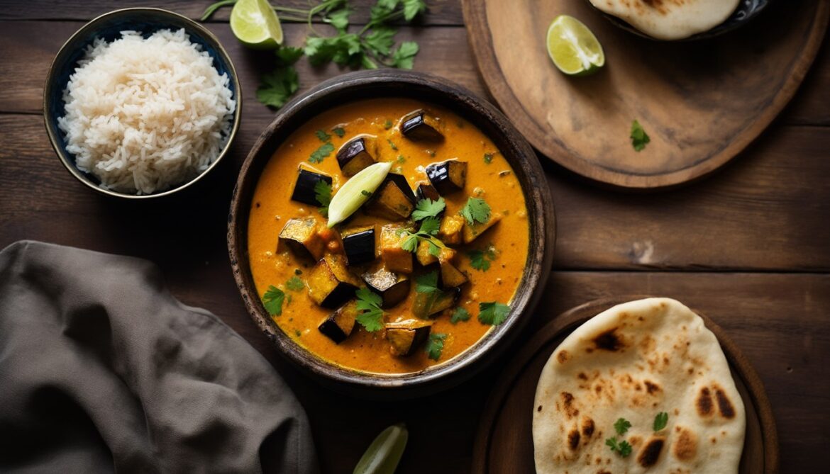Cremiges veganes Auberginen-Curry mit Kokosmilch, frischem Koriander und Reis in einer dunklen Schale