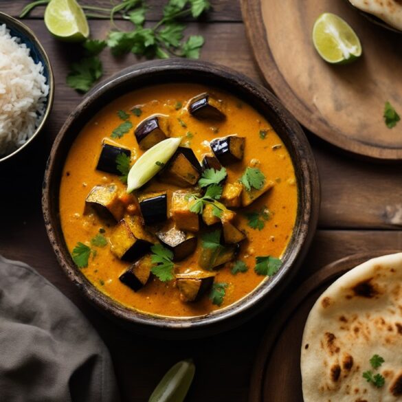 Auberginen-Curry vegan & indisch – cremig in 30 Minuten Cremiges veganes Auberginen-Curry mit Kokosmilch, frischem Koriander und Reis in einer dunklen Schale