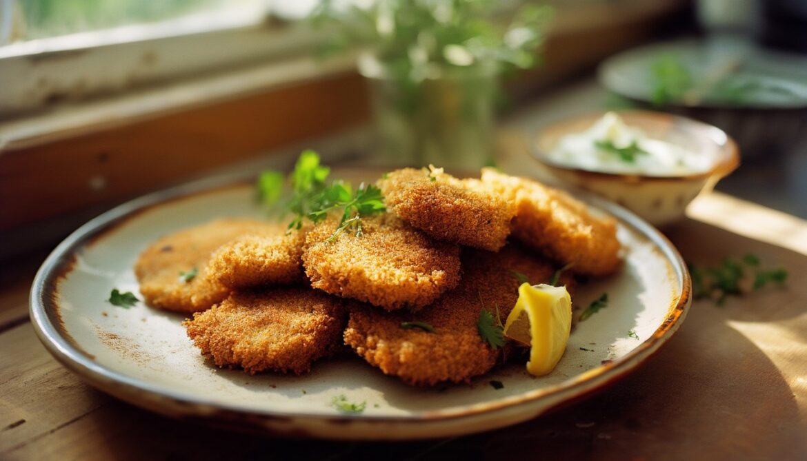 Knusprig panierte Auberginenschnitzel aus der Pfanne auf einem Teller mit Zitrone und Kräuterquark