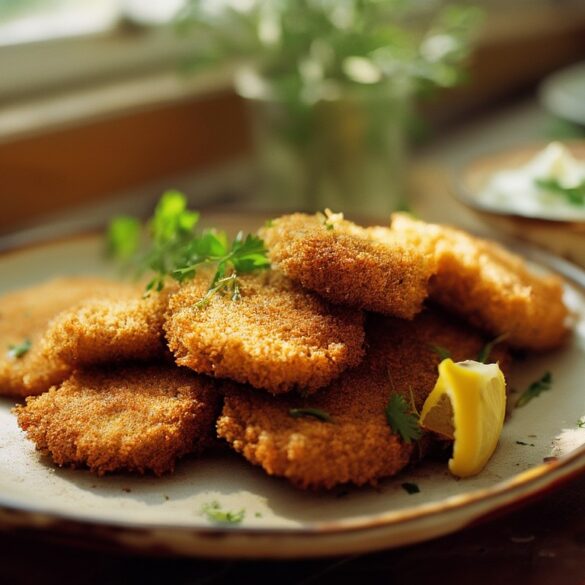 Knusprig panierte Auberginenschnitzel aus der Pfanne auf einem Teller mit Zitrone und Kräuterquark