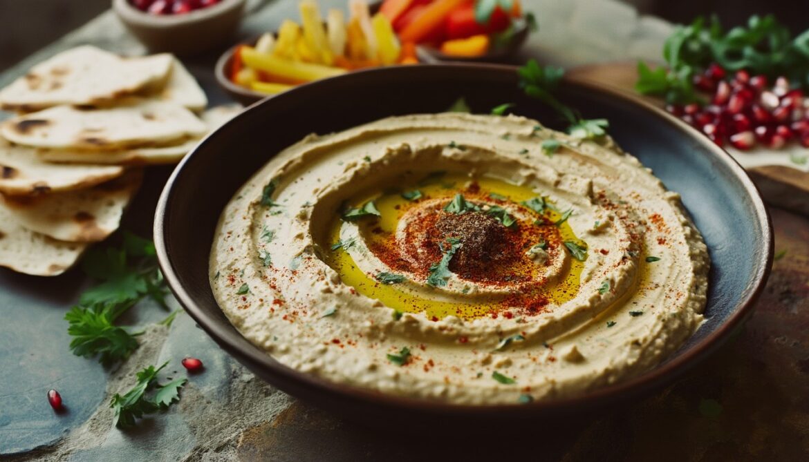 Cremiger Baba Ganoush Auberginen-Dip in einer Schale mit Olivenöl, Paprikapulver und Fladenbrot