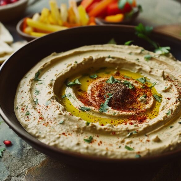 Cremiger Baba Ganoush Auberginen-Dip in einer Schale mit Olivenöl, Paprikapulver und Fladenbrot