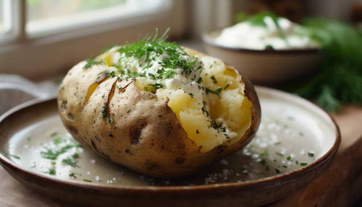 Aufgeschnittene Backkartoffel aus dem Ofen mit cremigem Kräuterquark und frischen Kräutern auf einem Teller