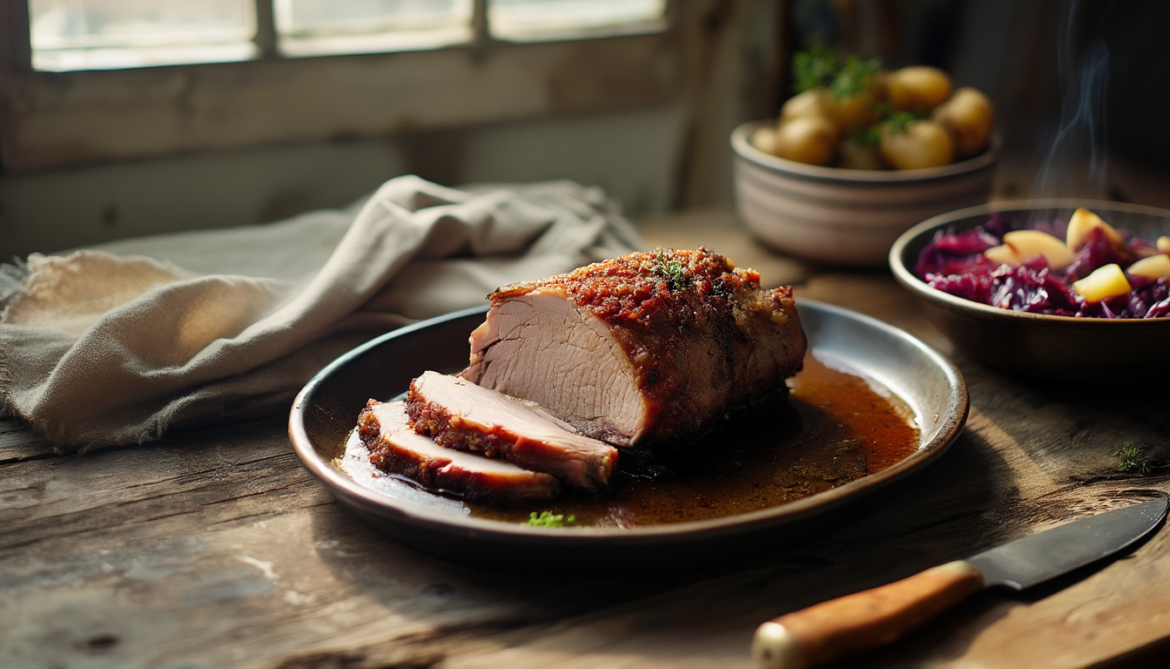 Aufgeschnittener badischer Schweinebraten mit knuspriger Kruste, Apfel-Rotkohl und Petersilienkartoffeln auf einem Holztisch