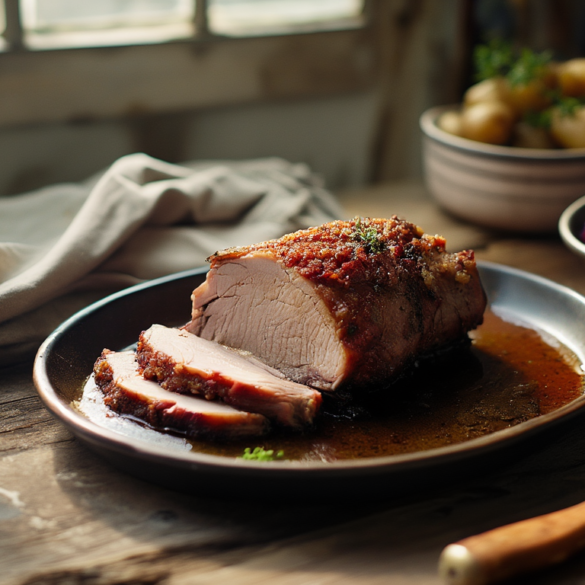 Aufgeschnittener badischer Schweinebraten mit knuspriger Kruste, Apfel-Rotkohl und Petersilienkartoffeln auf einem Holztisch