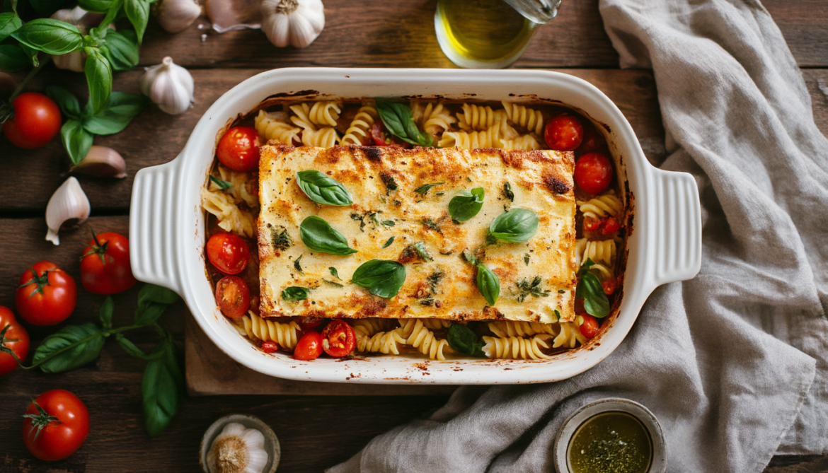 Cremige Baked Feta Pasta mit geschmolzenem Feta, aufgeplatzten Kirschtomaten und frischem Basilikum in einer weißen Auflaufform