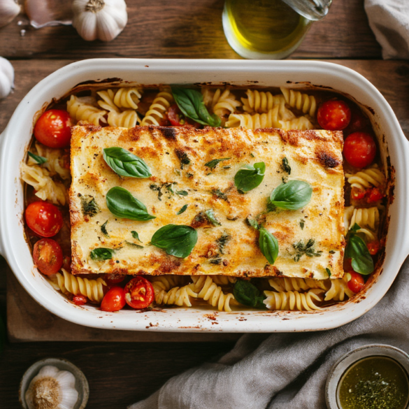 Baked Feta Pasta: cremig aus dem Ofen in 30 Minuten Cremige Baked Feta Pasta mit geschmolzenem Feta, aufgeplatzten Kirschtomaten und frischem Basilikum in einer weißen Auflaufform