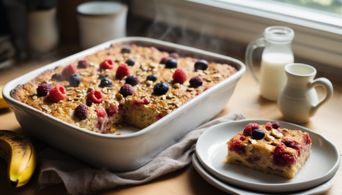 Baked Oats mit Banane in einer weißen Auflaufform mit Beeren und Nüssen, eine Portion entnommen