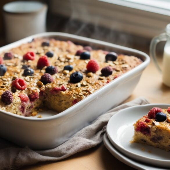 Baked Oats mit Banane in einer weißen Auflaufform mit Beeren und Nüssen, eine Portion entnommen