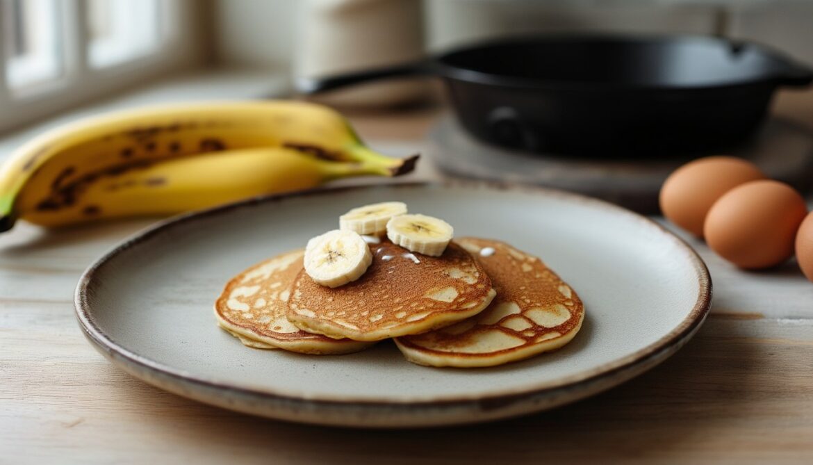 Kleine goldbraune Bananenpancakes aus zwei Zutaten auf einem hellen Teller, daneben eine reife Banane und zwei Eier