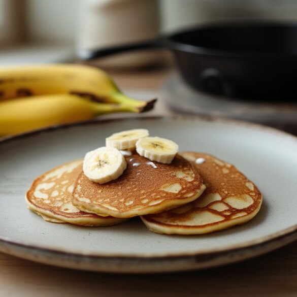 Kleine goldbraune Bananenpancakes aus zwei Zutaten auf einem hellen Teller, daneben eine reife Banane und zwei Eier