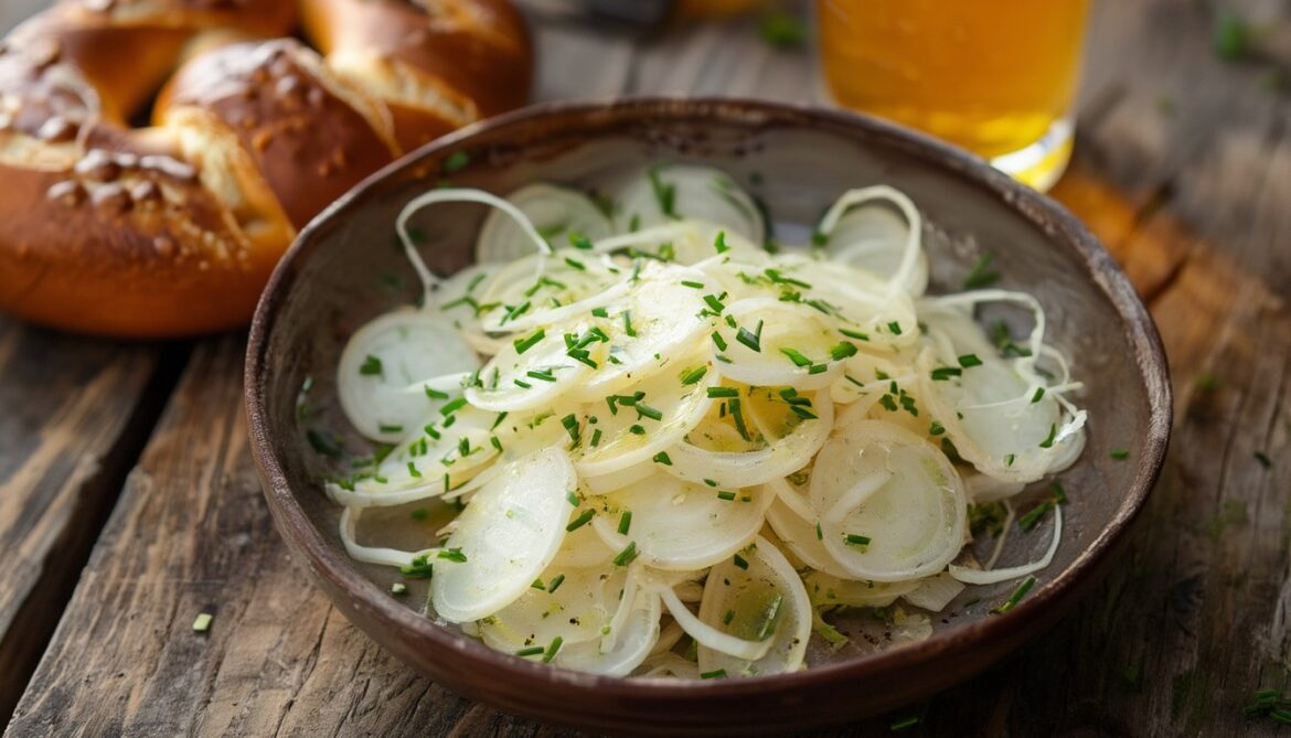 Bayerischer Rettichsalat mit Schnittlauch in einer Keramikschüssel auf einem Holztisch
