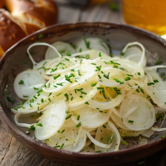 Bayerischer Rettichsalat mit Schnittlauch in einer Keramikschüssel auf einem Holztisch