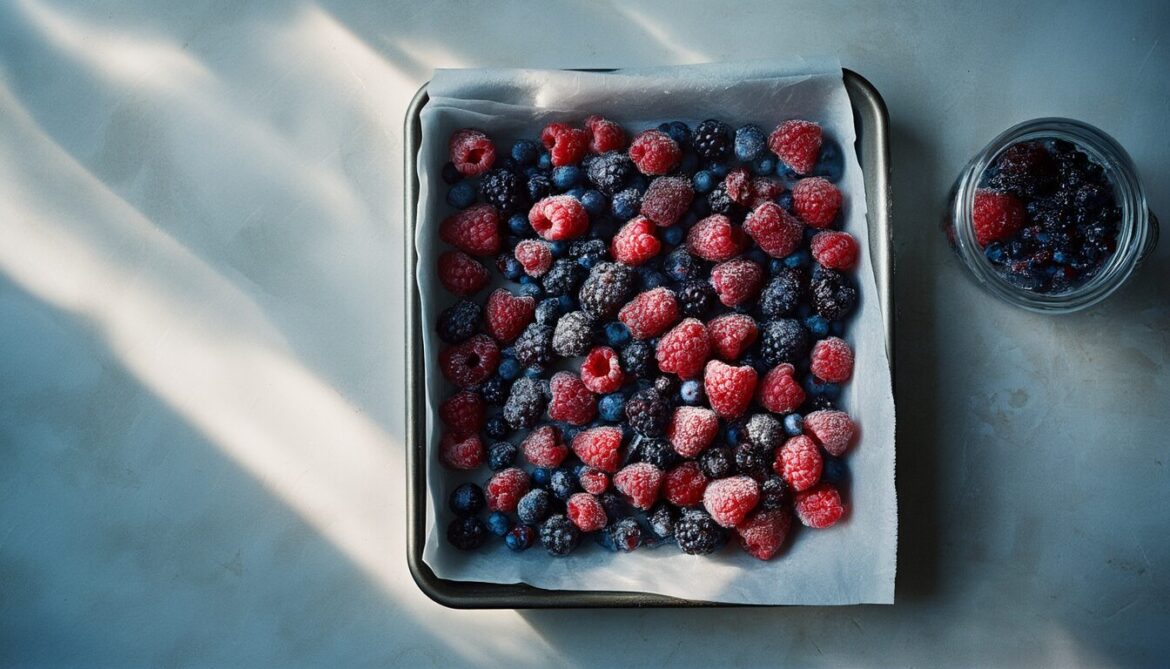 Himbeeren, Blaubeeren und Brombeeren einzeln auf einem Backblech mit Backpapier zum Vorfrieren ausgelegt