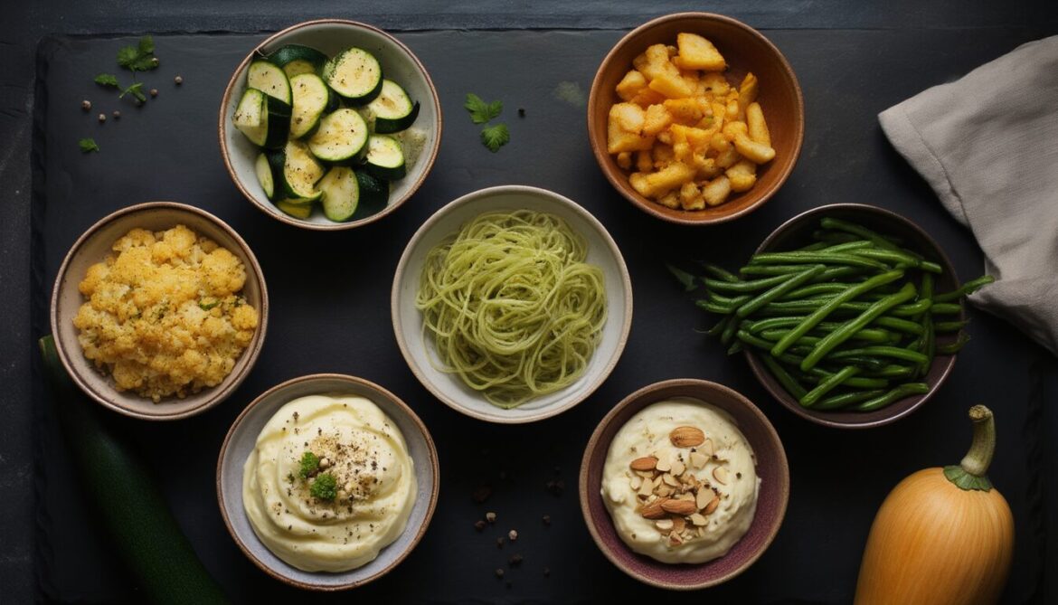 Fünf Schalen mit Low-Carb-Beilagen: Blumenkohlreis, Zucchininudeln, Selleriepüree, Kohlrabi-Pommes und grüne Bohnen auf dunklem Tisch