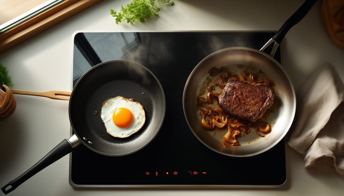 Beschichtete Antihaftpfanne mit Spiegelei neben einer Edelstahlpfanne mit angebratenem Steak auf einem Herd