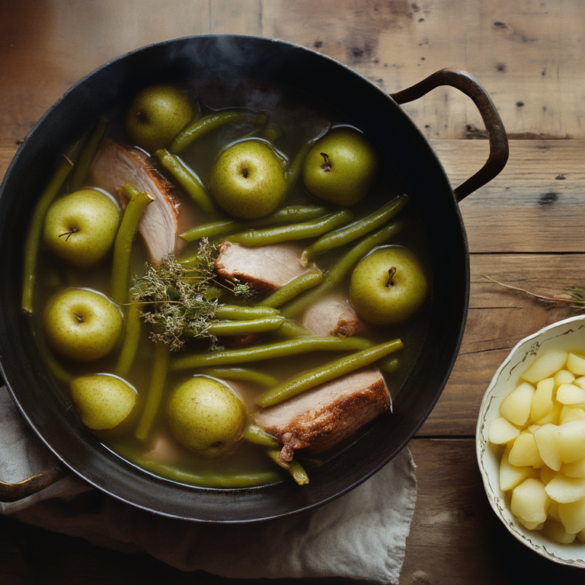 Birnen, Bohnen und Speck: Klassiker aus einem Topf Birnen, Bohnen und Speck im Topf: ganze Kochbirnen, grüne Brechbohnen und geräucherter Bauchspeck in heller Brühe, daneben Pellkartoffeln