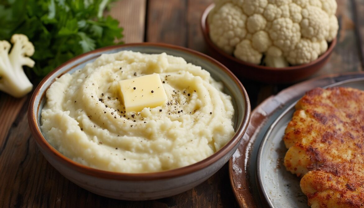Cremiges Low-Carb-Blumenkohlpüree in einer Schale mit Butter und Pfeffer als Beilage