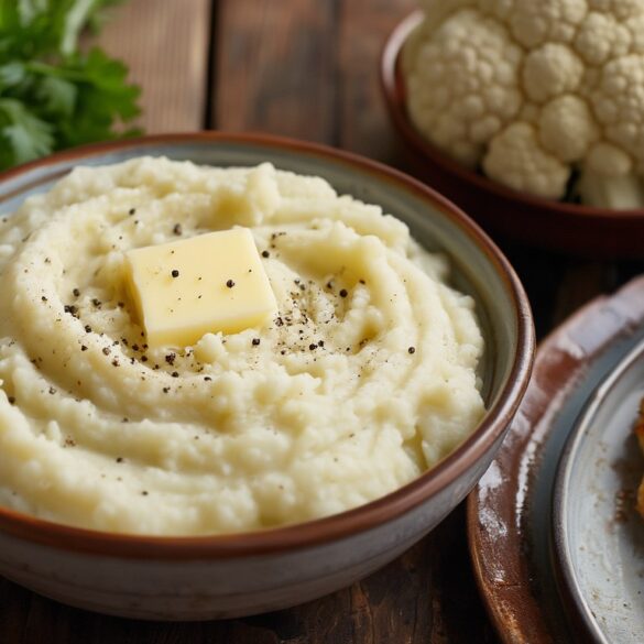 Cremiges Low-Carb-Blumenkohlpüree in einer Schale mit Butter und Pfeffer als Beilage