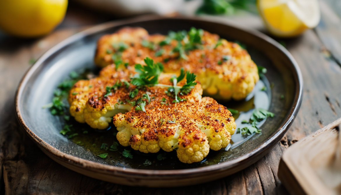 Zwei goldbraun geröstete Blumenkohlsteaks mit knusprigen Rändern auf dunklem Teller, bestreut mit Paprika und Petersilie