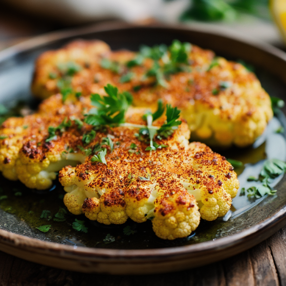 Zwei goldbraun geröstete Blumenkohlsteaks mit knusprigen Rändern auf dunklem Teller, bestreut mit Paprika und Petersilie