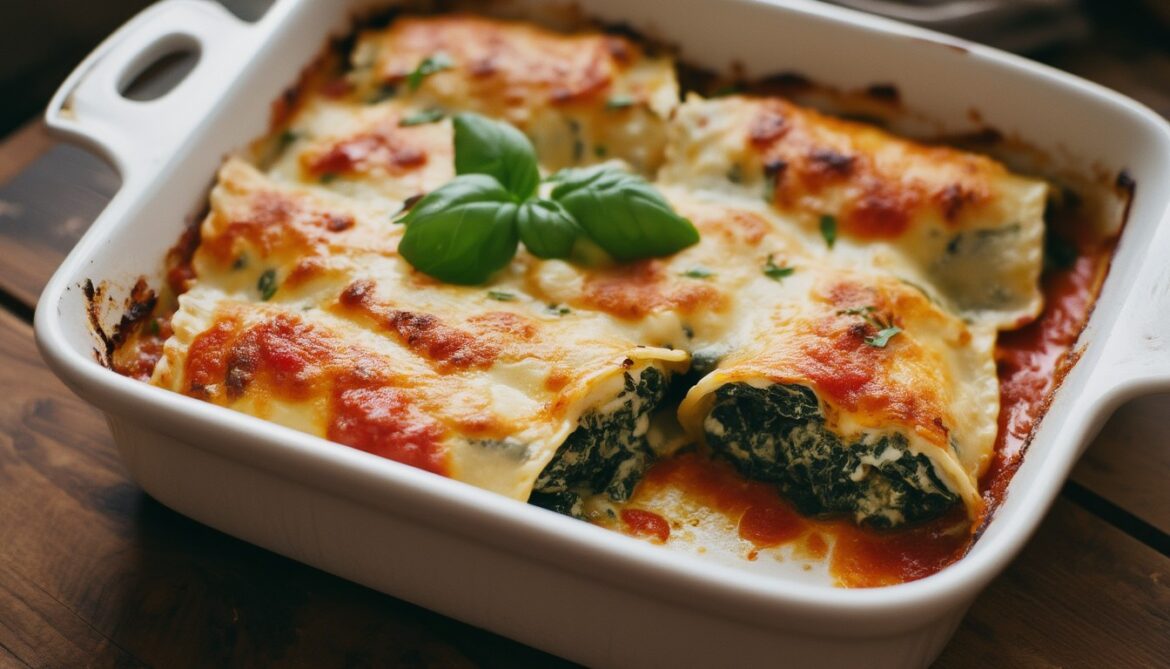 Vegetarische Cannelloni mit Spinat und Ricotta in weißer Auflaufform mit goldbraun überbackenem Käse, Tomatensoße und Basilikum