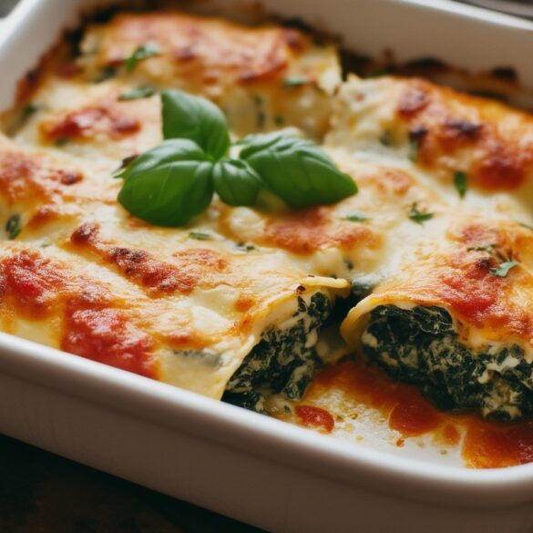 Cannelloni mit Spinat und Ricotta – vegetarisch aus dem Ofen Vegetarische Cannelloni mit Spinat und Ricotta in weißer Auflaufform mit goldbraun überbackenem Käse, Tomatensoße und Basilikum