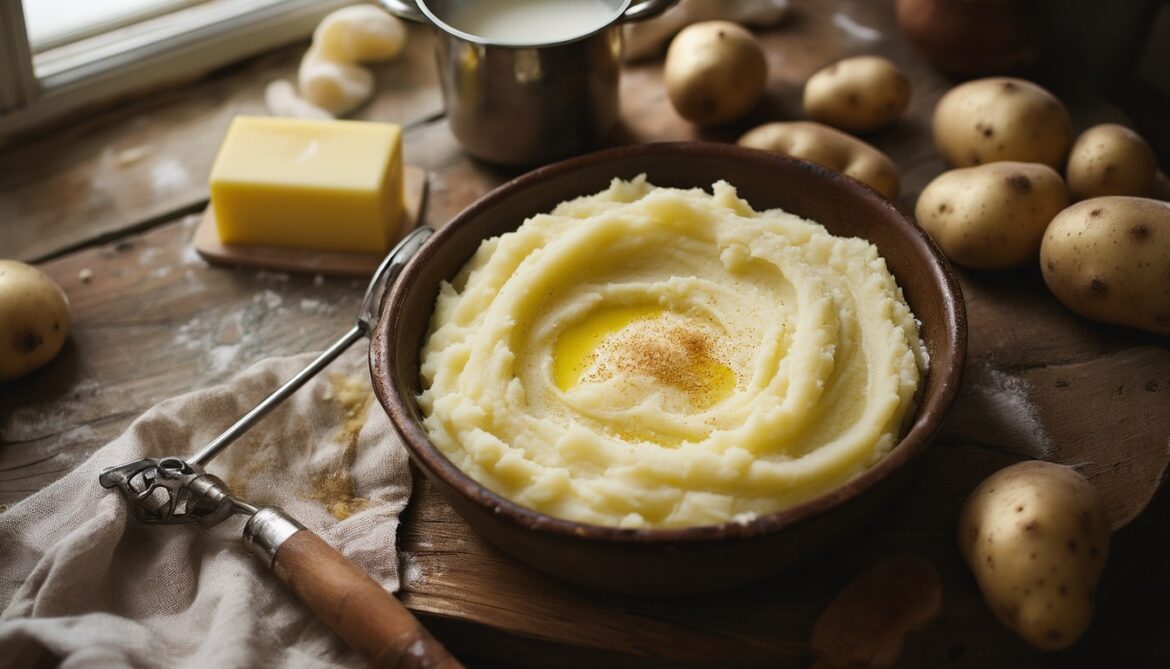 Schüssel mit cremigem Kartoffelpüree, daneben eine Kartoffelpresse, ein Topf warme Milch und mehligkochende Kartoffeln auf einem Holztisch