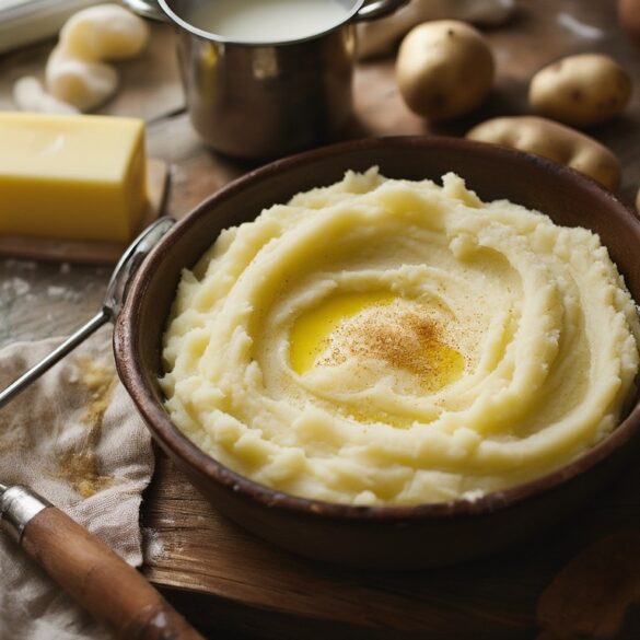Schüssel mit cremigem Kartoffelpüree, daneben eine Kartoffelpresse, ein Topf warme Milch und mehligkochende Kartoffeln auf einem Holztisch