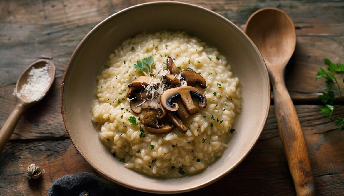 Cremiges vegetarisches Pilzrisotto mit gebratenen Champignons, Parmesan und Petersilie in einer flachen Schale auf dunklem Holztisch