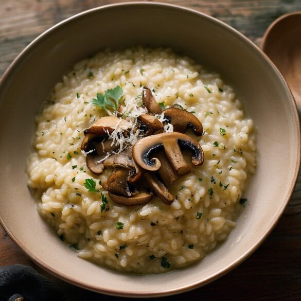 Cremiges vegetarisches Pilzrisotto mit gebratenen Champignons, Parmesan und Petersilie in einer flachen Schale auf dunklem Holztisch