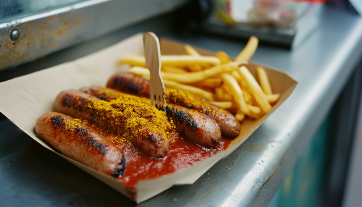 Currywurst mit selbst gemachter Currysoße und viel Currypulver auf einer Pappschale, daneben Pommes